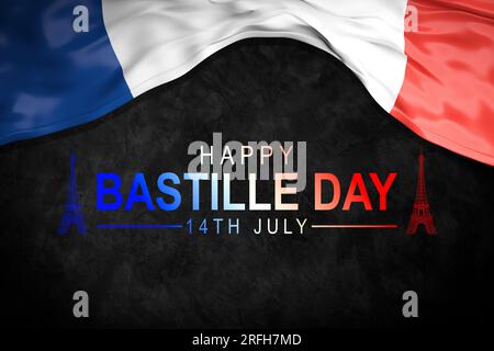 14 July Bastille day flyer, banner or poster. Holiday background with waving flag in man`s hand and map. Vector flat illustration. Stock Photo